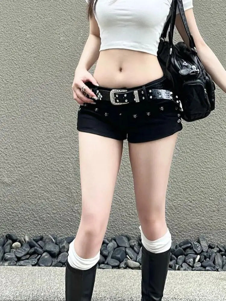 Hotsweet High Waist 2000S Black Sheath Slim Fit Y2K Denim Shorts Women's Fashion Casual Sexy Street Harajuku Style Shorts