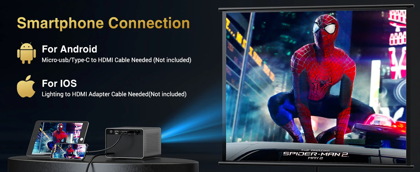 HAPPRUN Electric Focus Mini 1080P Bluetooth Projector, 200" Outdoor Movie Support, Compatible with Smartphone/HDMI/USB/PS5