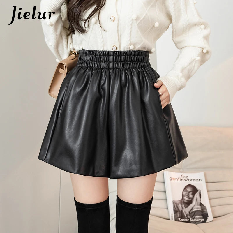 Mini Shorts Women Autumn Winter Chic Korean Elastic High Waist PU Leather Shorts Female Coffee Loose A-line Shorts S-XXL