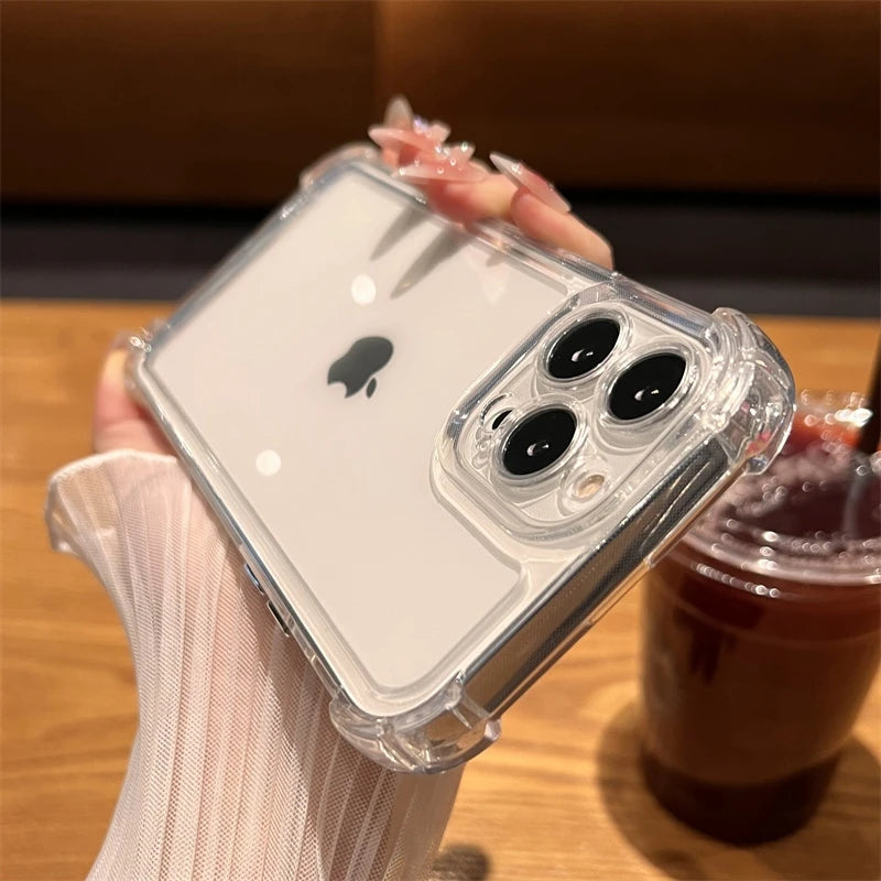 Shockproof Phone Case for iPhone 11 12 13 14 15 16 Pro Max Plus Transparent Bumper Acrylic Hard Back Cover Silver Button