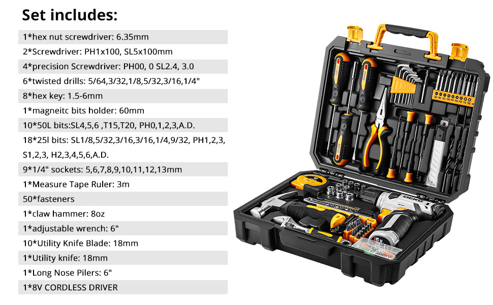 DEKO 126 Piece Power Tool Combo Kits with 8V Cordless Drill, 10MM 3/8'' Keyless Chuck, Professional Household Home Tool Kit Set