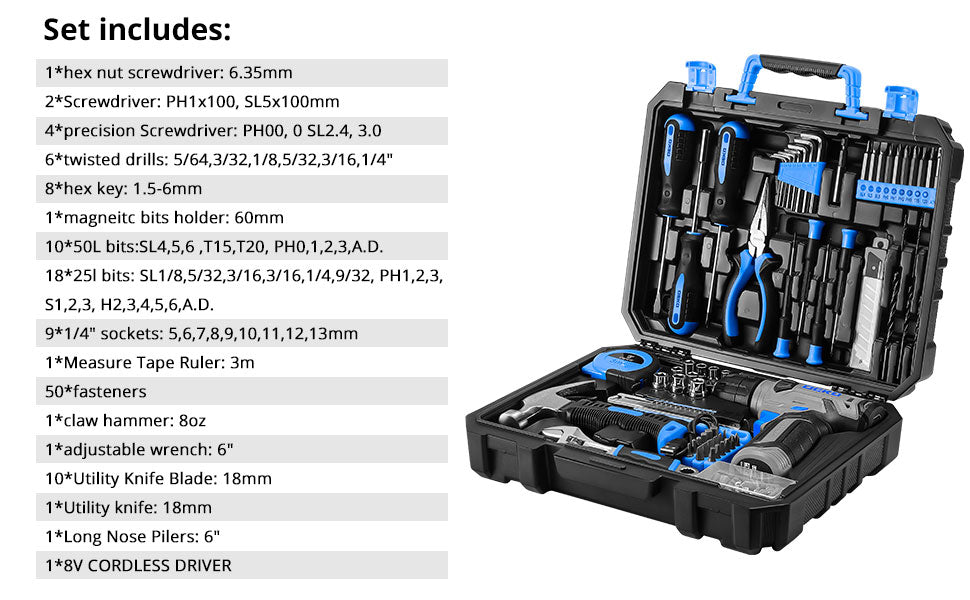 DEKO Drill Set: Tool Set with 8V Blue Cordless Drill, Home Tool Kit with Drill, Hand Tool Kits for Women 126 Piece